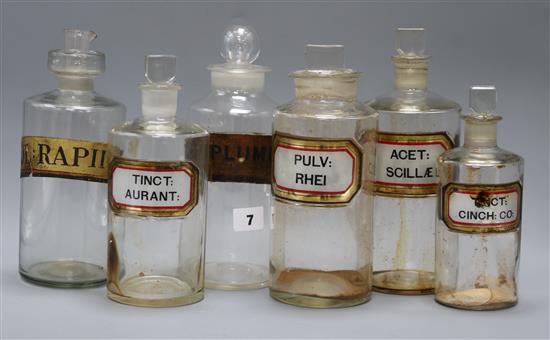 Six glass chemist jars tallest 25.5cm